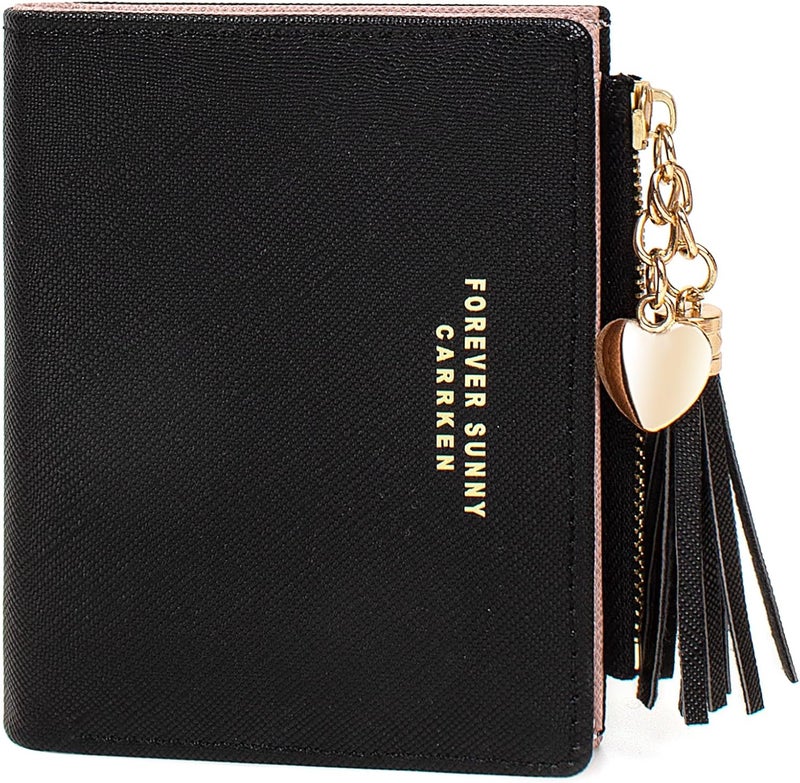 KOTORA Womens Small Wallet Girls Tiny Slim Wallets Pretty Mini Card Holder Thin Short Zip Coin Purse with Love Pendant and Tassels (Black) - Image 1